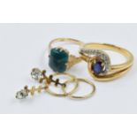 9ct Yellow gold bloodstone set ring, gold plated dress ring and a pair of 9ct yellow gold drop