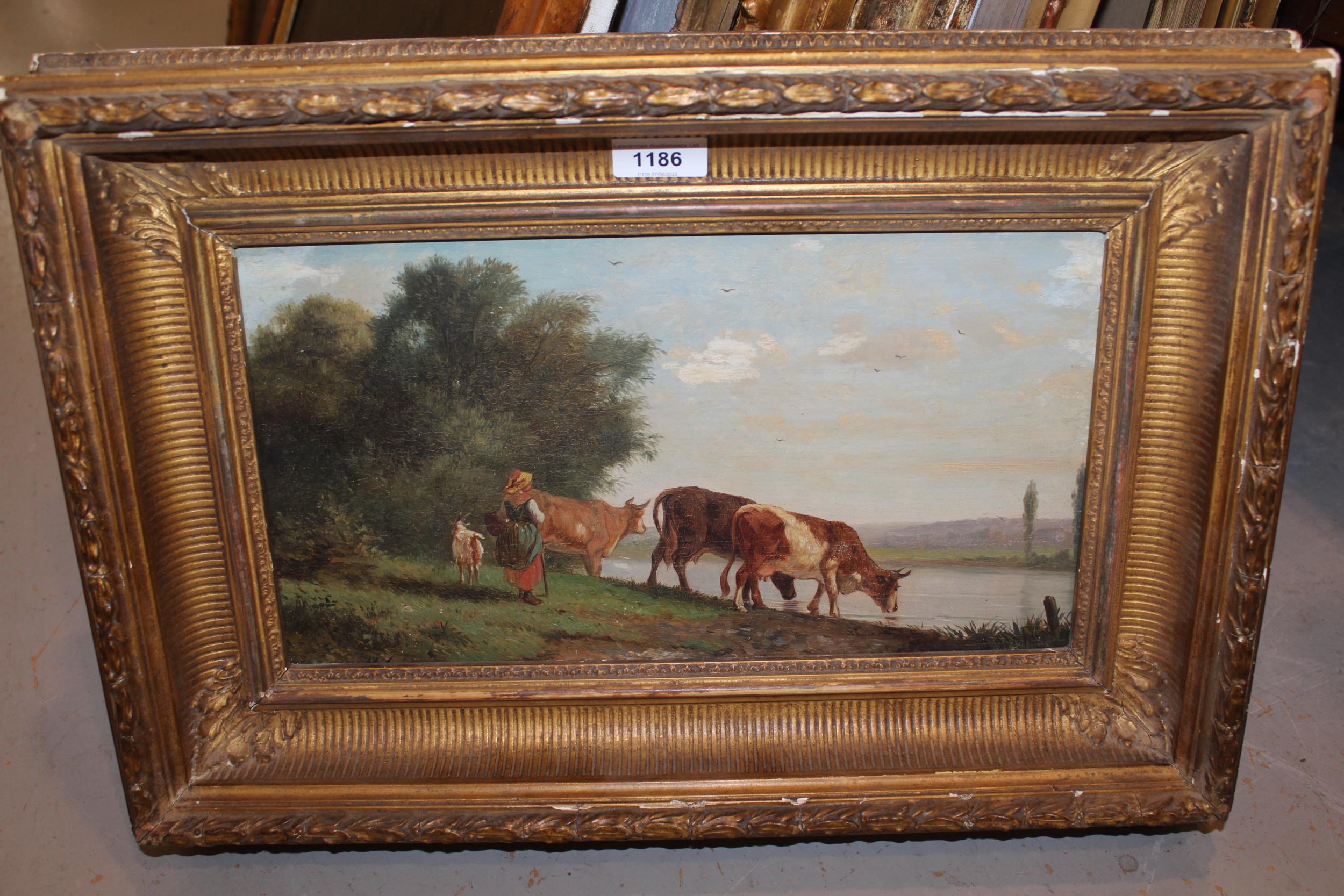 Early 19th Century oil on oak panel, young lady with cattle by a lake, heavy gilt framed, 8ins x - Image 2 of 7