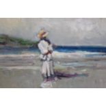 Oil on canvas laid onto board, figure on a beach looking out to sea, together with an unframed oil