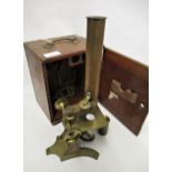 19th Century gilt brass monocular microscope in a mahogany case