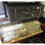 19th Century black canvas and leather trim mounted suitcase, bearing initials E.E.G.R. with brass