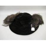 Ladies black velvet and feather hat by Kendal Milne & Company, Manchester