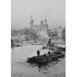 Rowland Langmaid, signed drypoint etching, view of the Thames near the Tower of London, original