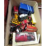 Box containing a small quantity of various diecast metal play worn model vehicles