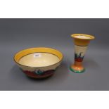 Clarice Cliff Bizarre Gayday pattern bowl, 7.25ins diameter together with a similar tapering vase,