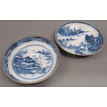 18th / 19th Century Chinese blue and white Willow pattern saucer dish, 8.25ins diameter (rim crack),
