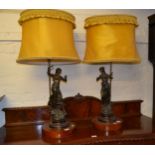 Pair of late 19th Century French dark patinated spelter figural table lamps after Moreau, mounted on