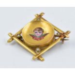 Victorian yellow gold brooch mounted with split seed pearls, with central enamelled decoration of