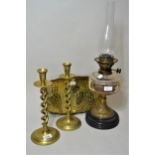Pair of 20th Century open barley twist brass candlesticks, a brass tray and a 19th Century brass,