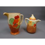 Clarice Cliff Nasturtium pattern octagonal jug, 7.75ins high together with a similar hot water