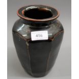 Derek Emms (St. Ives), Tenmoku ware Studio pottery octagonal stoneware vase, 8.25ins high