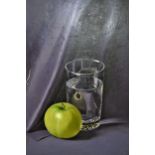 J. Bushnell, oil on board, still life, an apple and a drinking glass, signed, 19ins x 15ins, framed