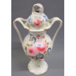 Large 19th Century English two handled baluster form vase and cover handpainted with bouquets of