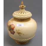 RoyalWorcester blush ivory oviform pot pourri jar with cover and inner lid, decorated with flowers