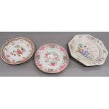 18th Century Chinese famille rose octagonal plate, 10.5ins (restored) together with two similar,