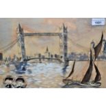 R. Mickolson, mixed media, view of Tower Bridge and the Thames, signed, 11ins x 14.5ins, gilt framed