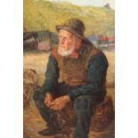 19th Century oil on millboard, study of a fisherman seated on a beach, in the manner of Walter