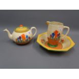 Clarice Cliff octagonal Crocus pattern bowl, 9ins diameter together with a similar teapot, 5ins high