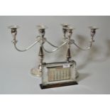 Chester silver mounted desk calendar, together with a pair of silver plated three branch candelabra