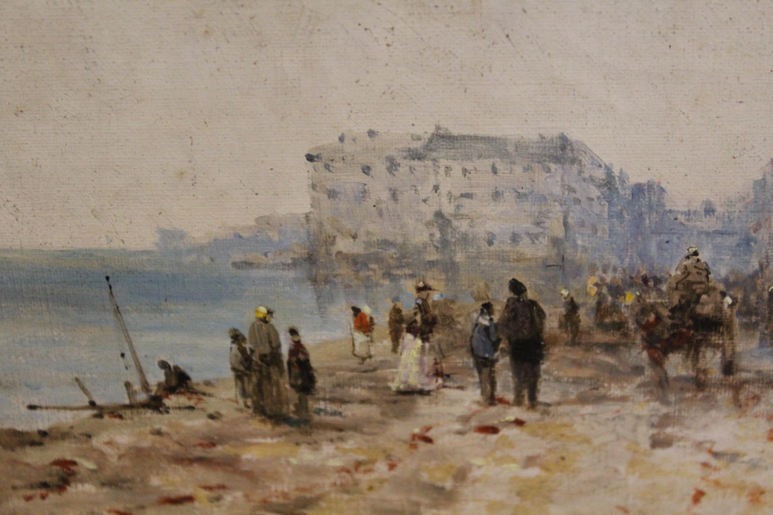 Oil on paper laid onto board, Continental coastal town with figures on a promenade, carved