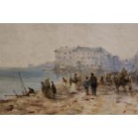 Oil on paper laid onto board, Continental coastal town with figures on a promenade, carved