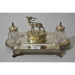 Early 20th Century silver plated two bottle inkstand with stag surmount Plating has been polished