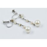 Pair of 9ct white gold drop earrings, each set with five cultured pearls, 37mm drop