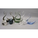 Collection of seven various Whitefriars coloured glass swans and two glass owl form paperweights