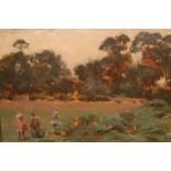 British impressionist school, oil on panel, three children in a wooded landscape, 6.5ins x 8.5ins