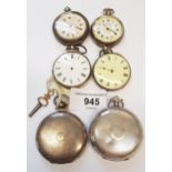 Group of four various silver cased open face fob watches, together with two silver full hunter