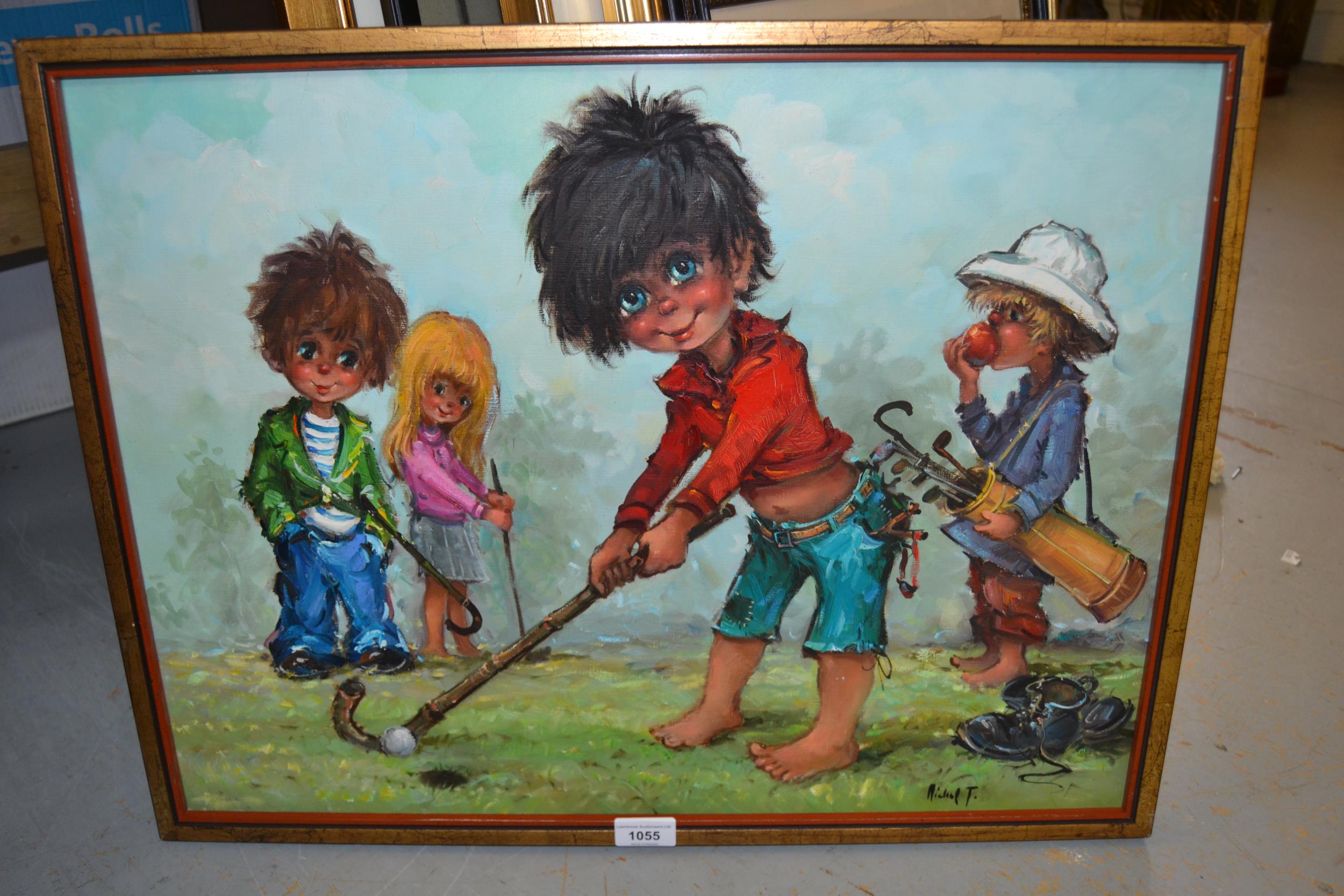 Michil Thomas oil on canvas, four children playing golf with walking canes and clubs, signed, - Image 2 of 2