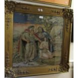 19th Century needlework picture depicting a group of figures beneath a tree, 21.5ins x 22ins