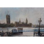 David Griffin, oil on canvas, view on the Thames at Westminster, 16ins x 20ins, gilt framed together