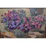 Oil on board, violas in a bowl, signed P. Mathieu verso, 11.5ins x 16ins