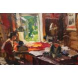 Oil on board, interior scene with figure working at a table, signed, inscribed and dated 1949, 9.