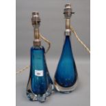 Two Whitefriars Kingfisher blue glass table lamps, circa 1960 (recently re-wired) 15ins high and