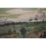 Adolfo Belimbau, signed oil on canvas, panoramic Continental landscape, inscribed verso ' Campagna