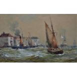 R. Malcolm Lloyd, watercolour, coastal scene with shipping off a quayside, 4.25ins x 7ins