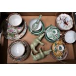Box containing a small quantity of various oriental porcelain including teaware and a pair of