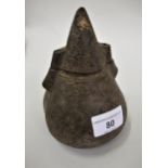 African (Congolese) powder flask and cover of conical form with all-over stylised carved low