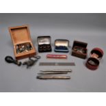 Collection of various pens and pencils, bronze paperweight in the form of a salamander,