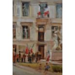 Oil on canvas laid onto board, figures by a French building with children to the foreground, trace