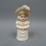 Royal Worcester candle snuffer in the form of a girl wearing a floral bonnet Some loss of gilt,