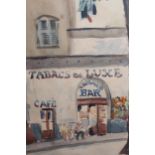 Mark Pollock, watercolour town scene with French shops and a tree, signed, framed, 12ins x 9.5ins,