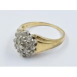 9ct Yellow gold diamond set flower head cluster ring, ring size L