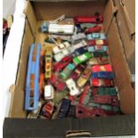 Quantity of play worn Dinky and Corgi cars including Bedford milk lorry and a Dinky horse