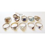 Group of ten various silver dress rings set gem and semi precious stones