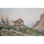 Pierre Comba, watercolour, French infantry in a mountain landscape, signed, 13.5ins x 20ins