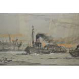 Charcoal and pastel, estuary scene with a steam tug, signed with initials B.J.E. ? , 17.5ins x 26.