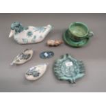 Group of seven pieces of Rye pottery by David Sharp, including cup and saucer, ashtray, pendant etc.